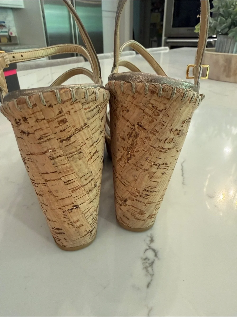 Stuart Weitzman Neutral Metallic Strappy Cork Wedge Sandals - size 7.5 - Picture 6 of 7